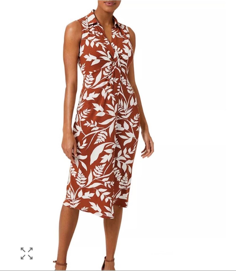 Hobbs London Nadia Rust Ivory Leaf Print Faux Wrap Jersey Midi Dress US 4